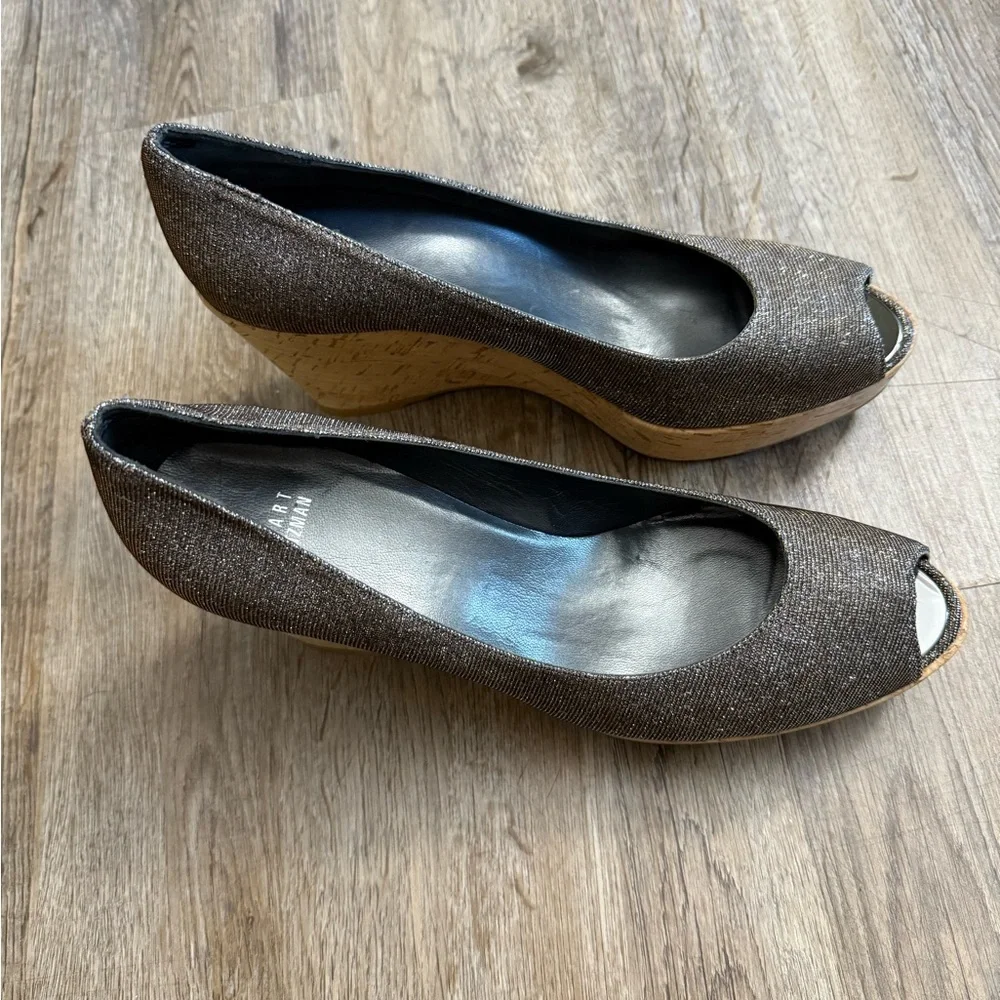 Stuart Weitzman • Anna Metallic Peep Toe Cork Platform Wedge Heels